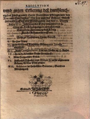 Resolution unnd gegen Erklerung deß ... Herrn Friedrichen Pfaltzgraven bey Rein und Churfürsten, Wie den auch der Böhmis. Stand Antwort ...