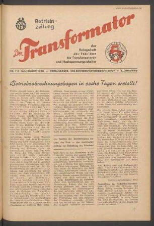 TRO-Betriebszeitung 'Der Transformator'; Nr. 7/8/1951 (Juli/ August 1951)