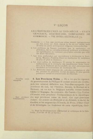 Ve leçon Les Provinces Unies au XVIIe siécle. - États généraux, stathouder, compagnies de commerce. - Vie intellectuelle