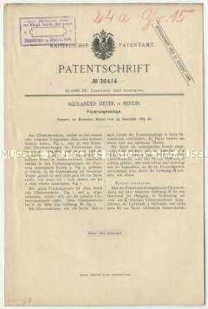 Patentschrift einer Feuerungsanlage, Patent-Nr. 36414