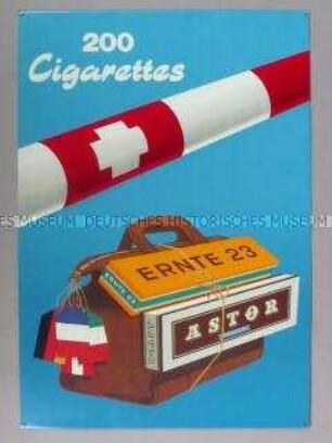 Werbeschild mit Werbeaufdruck für "ERNTE 23"-und "ASTOR"-Zigaretten, "200 Cigarettes"