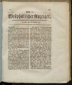 Num. 61. Westphälischer Anzeiger. Freitags, den 2ten August 1799. - Num 64. Westphälischer Anzeiger. Dienstags, den 13ten August 1799.