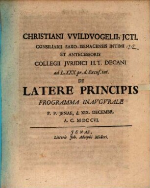 Christiani Wildvogelii ... De latere principis : programma inaugurale