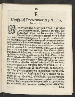 F. Kayserliche Decretum vom 4. Aprilis, Anno 1640