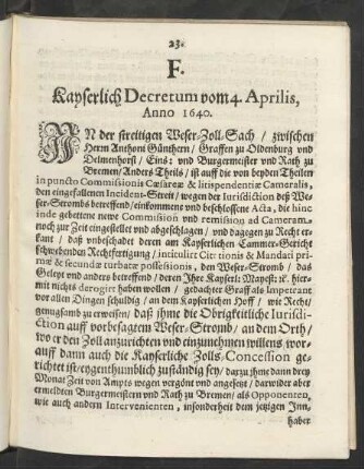 F. Kayserliche Decretum vom 4. Aprilis, Anno 1640