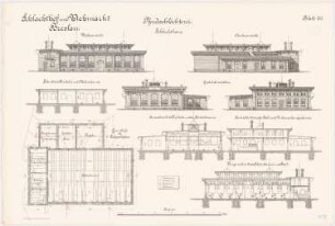 Schlachthof und Viehmarkt, Breslau Pferdeschlächterei: Schlachthaus: Grundriss Längsschnitte Querschnitte Vorderansicht und Hinteransicht Giebelansichten 1:100