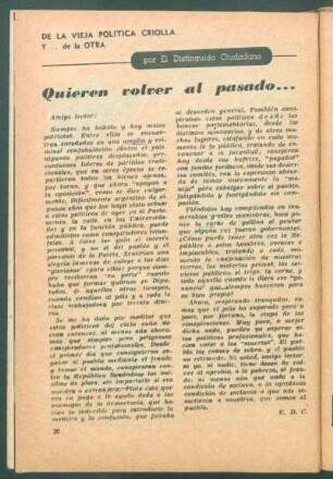 Quieren volver al pasado ... : De la vieja política criolla y ... de la otra