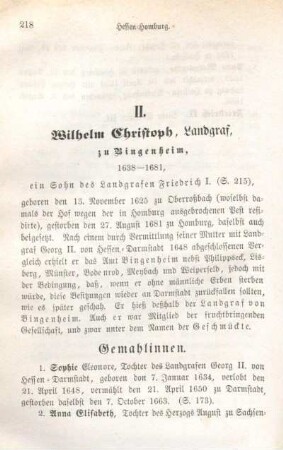 II. Wilhelm Christoph, Landgraf, zu Bingenheim, 1638-1681