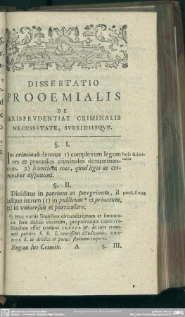 Dissertatio Prooemialis De Iurisprudentiae Criminalis Necessitate, Subsidiisque