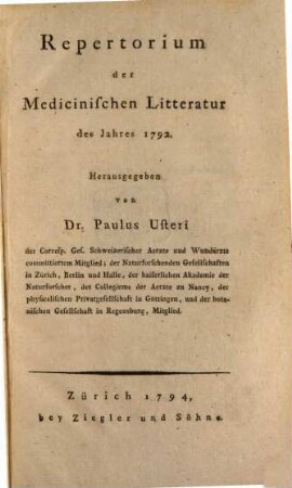 Repertorium der medicinischen Litteratur : des Jahres .... 1792, 1792