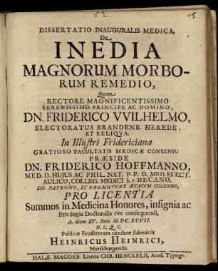 Dissertatio Inauguralis Medica, De Inedia Magnorum Morborum Remedio