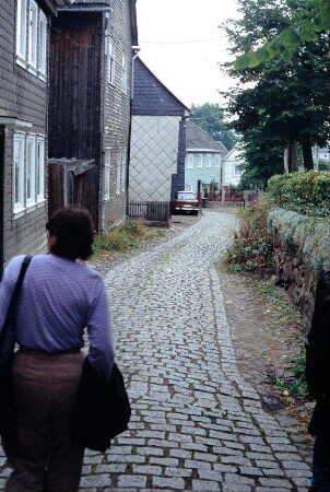 gepflasterter Weg und anliegende Häuser