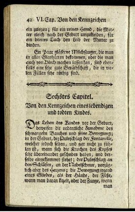 Sechstes Capitel. Von den Kennzeichen eines lebendigen und todten Kindes.