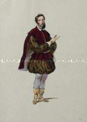 Mann in kurzer Pluderhose und purpurrotem Wams mit Umhang - Tafel aus Franceschini/Kostümbilder (Kassette 1)