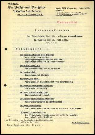 Reichsministerium des Inneren an G. Karo