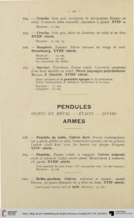 Pendules – Objets en metal – Étains – Divers- Armes (Nr. 108-118)