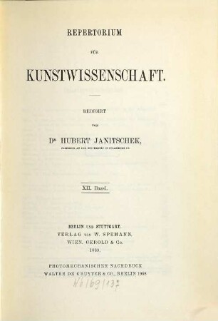 Repertorium für Kunstwissenschaft. 12, 12. 1889