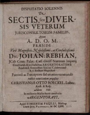 Disputatio Solennis De Sectis, seu Diversis Veterum Iurisconsultorum Familiis