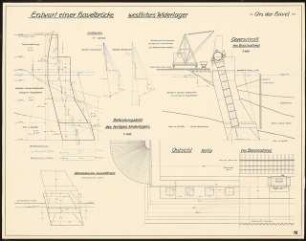 Verkehrsverbindung über die Havel, Berlin-Spandau Schinkelwettbewerb 1931: Brücke über die Havel: Widerlager. Kräftepläne, Bauzustand, Schnitt, Aufsicht 1:100
