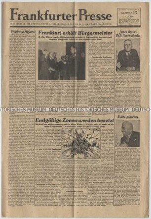 Wochenzeitung der 12. Heeresgruppe der US-Armee „Frankfurter Presse" mit Titel zur endgültigen Festlegung der alliierten Besatzungszonen
