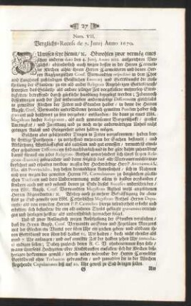 Num. VII. Verglichs-Resess de 7. Junij Anno 1670