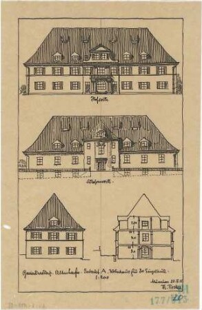 Fischer, Theodor; Reutlingen-Gmindersdorf; Arbeiterkolonie: Altenhof - Entwurf für ein Wohnhaus für 30 Einzelleute (Ansichten, Schnitt)