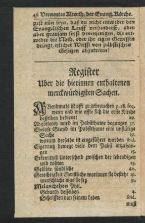 Register Uber die hierinnen enthaltenen merckwürdigsten Sachen
