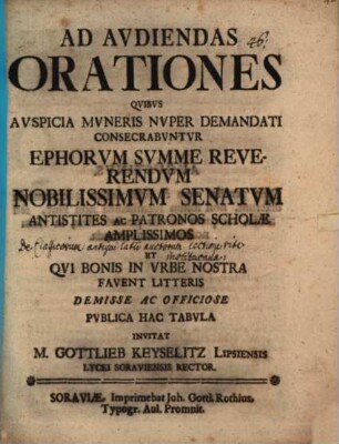 Ad audiendas orationes, quibus auspicia muneris nuper demandati consecrabuntur ... invitat