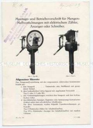 Montage- und Betriebsvorschrift für Mengen-Messvorrichtungen mit elektrischem Zähler, Anzeiger oder Schreiber.