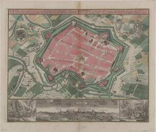 Plan Leipzig, Kupferstich, um 1750 : Lipsia : florentißimum ac permunitum Emporium et Academia celeberrima in Circulo Saxonico Superiore = Leipzig : eine florisante,auch befestigte Handels-Stadt und weitberühmte Universitaet in dem Ober-Saexischen Craiß / sumptibus Matth. Seutteri Sac. Caes. Mai. Geogr. Augustani. - Augsburg , [ca. 1750?]. - 1 Kt. : col. Kupferst. ; 57 x 35 cm, Bildgr. 57 x 44 cm