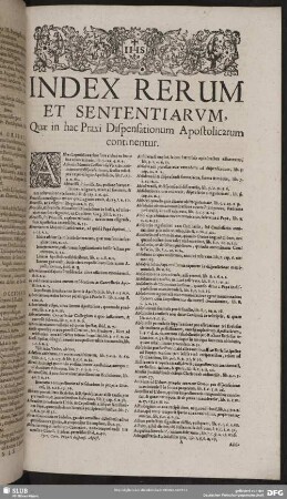 Index Rerum Et Sententiarum, Quae in hac Praxi Dispensationum Apostolicarum continentur