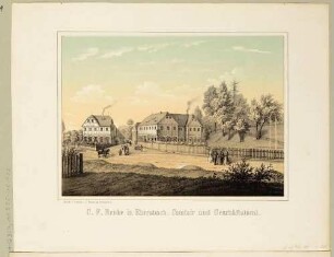 Die Fabrik von C. F. Henke mit mehreren Fachwerk- und Umgebindehäusern in Ebersbach in der Oberlausitz, aus dem "Album der sächsischen Industrie …", Bd. 1, 1856