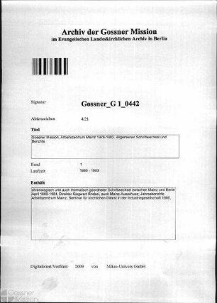 Gossner Mission, Arbeitszentrum Mainz 1978-1983. Allgemeiner Schriftwechsel