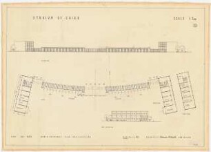 Sportfield Kairo Stadium. North Entrance: 2 Grundrisse Ground Floor, First Floor, 2 Ansichten Elevation, East Elevation, 1:200
