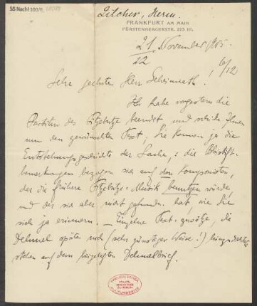 Brief an Ludwig Strecker <senior> und B. Schott's Söhne : 21.11.1905