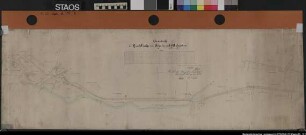 "Grundriss der Landstraße von Sögeln nach Malgarten." Verlauf der Tiefen Hase. Parzellen beiderseits der Landstraße angedeutet. Besitzernamen. Ausf.-Art: Farbige Zeichnung Herst.: Rhode Format: 33 x 100 cm Maßstab: 1 : 1600