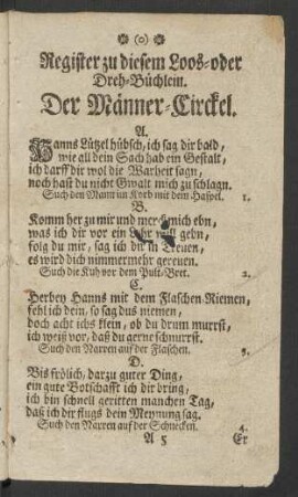 Register zu diesem Loos- oder Dreh-Büchlein.