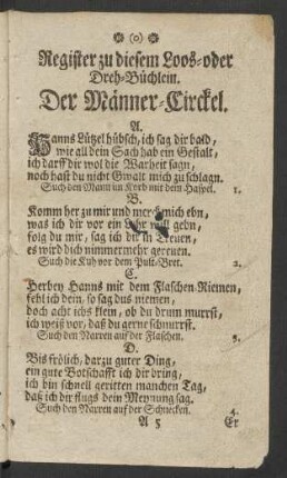 Register zu diesem Loos- oder Dreh-Büchlein.