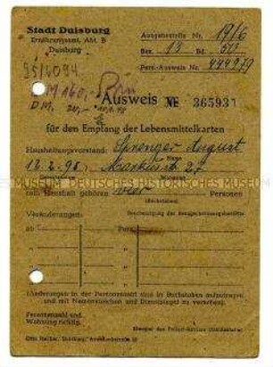 Ausweis für den Empfang einer Lebensmittelkarte