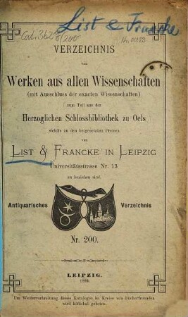 Lager-Verzeichnis. 200. 1889