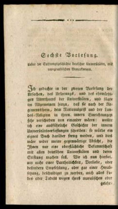 Sechste Vorlesung. Ueber die Stiftungsgeschichte deutscher Universitäten, mit topographischer Anmerkungen