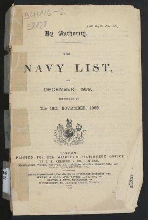 The Navy List for December 1909, Corrected to The 18th November, 1909.; The monthly Navy List