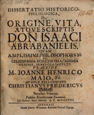 Diss. ... de origine, vita atque scriptis Don Isaaci Abrabanielis