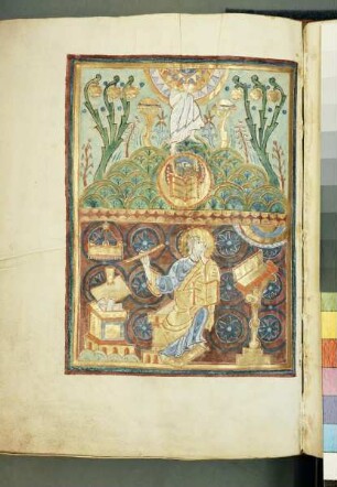 Sogenanntes Kostbares Evangeliar — Christi Himmelfahrt und Evangelist Johannes, Folio fol. 175v