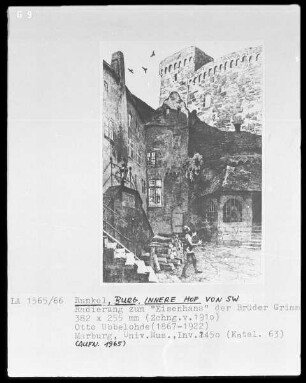 Runkel, Burg Runkel, Innenhof von Südwesten, Illustration zum "Eisenhans" der Brüder Grimm