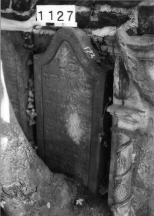 Grabstein 1127 (Index: 99630630) Material: Sandstein Zustand: verwittert, eingesunken, Datenverlust Maße HxBxT: 104x51x10 cm Beschreibung: Stele mit Eselsrückenabschluß, Schriftfeld eingetieft: Grabstein 1127