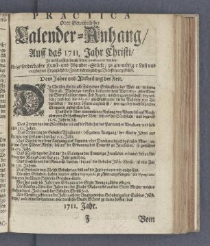 Practica Oder Gewöhnlicher Calender-Anhang/ Auff das 1711. Jahr Christi