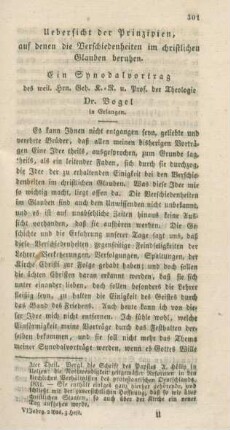 301-315 Uebersicht der Prinzipien, auf denen die Verschiedenheiten im christlichen Glauben beruhen : ein Synodalvortrag