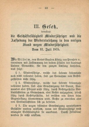 III. Gesetz, betreffend die Geschäftsfähigkeit Minderjähriger