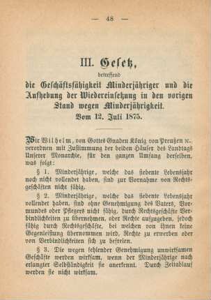 III. Gesetz, betreffend die Geschäftsfähigkeit Minderjähriger